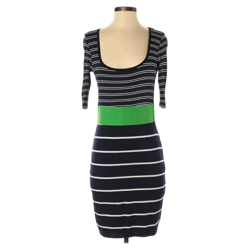 B44 Dressed Bodycon Dress Size S Navy White Green Stripe Scoop Neck Stretch‎